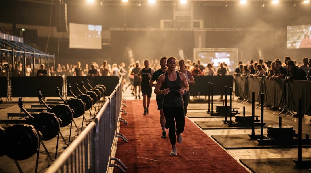 HYROX athletes running the carpeted lane between the rowers and the sleds