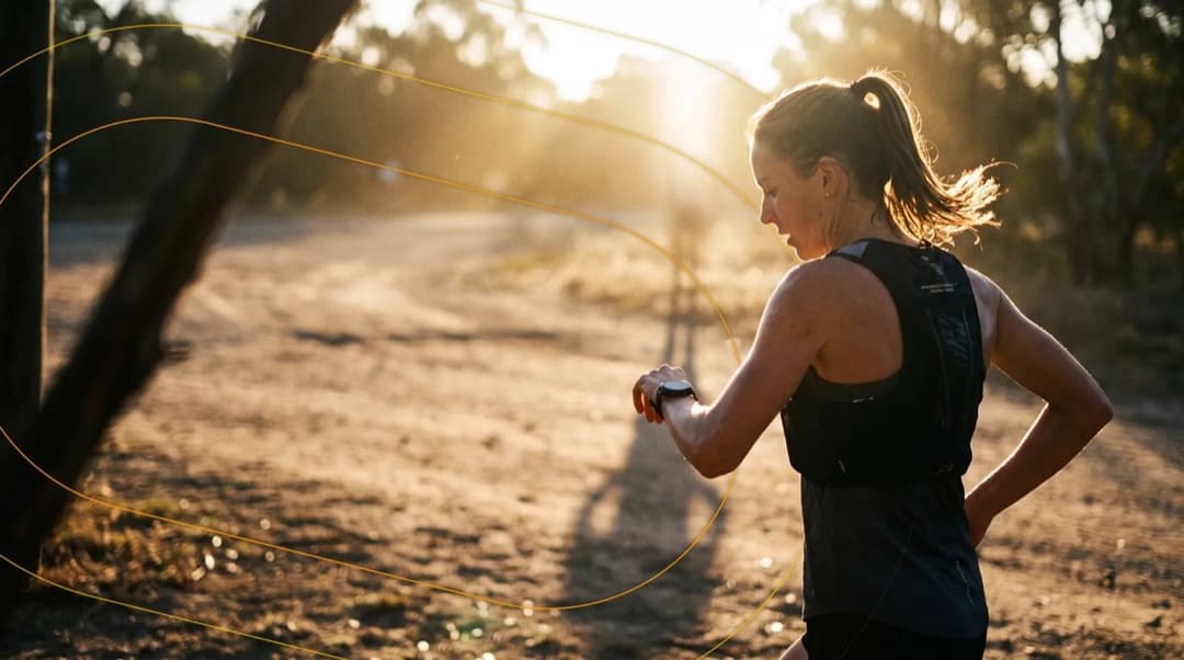 Runner checking her watch on a dusty trail at sunrise